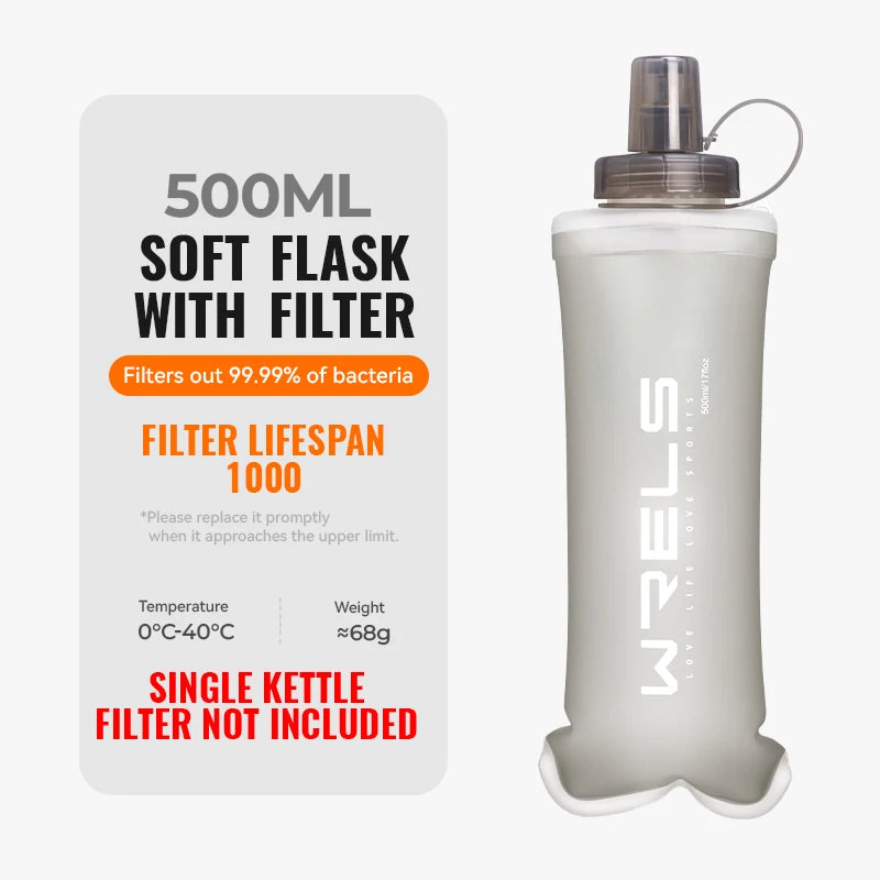 WRELS Water Filter Bottle Collapsible Soft Water Bottle With Filter Squeeze Dual Filtered Water Bottle Outdoor