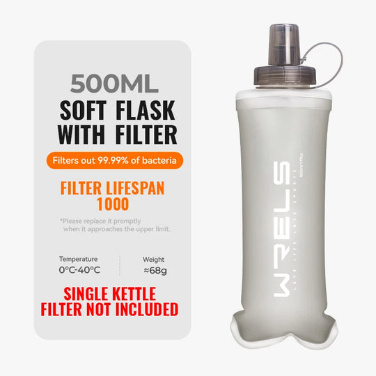 WRELS Water Filter Bottle Collapsible Soft Water Bottle With Filter Squeeze Dual Filtered Water Bottle Outdoor