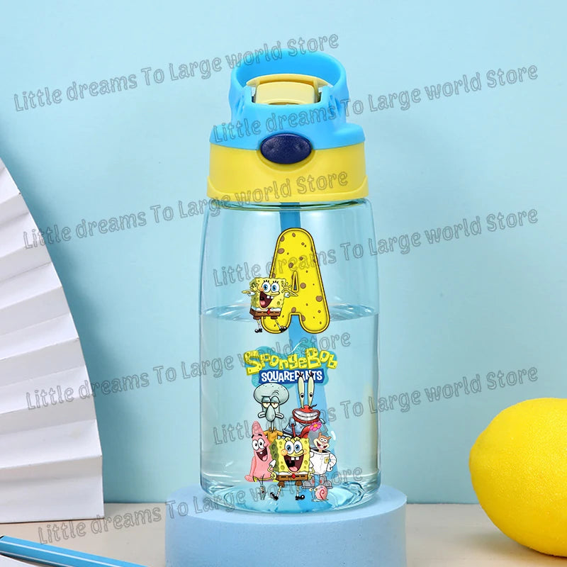 SpongeBobs Water Bottle Children Drinking Bottles with Straw Cartoon Letter A-z Portable Drinking Cup Boys Summer Gym Sports Jug