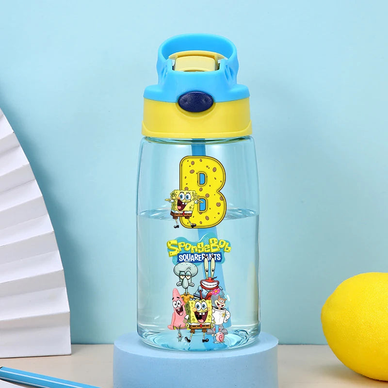 SpongeBobs Water Bottle Children Drinking Bottles with Straw Cartoon Letter A-z Portable Drinking Cup Boys Summer Gym Sports Jug