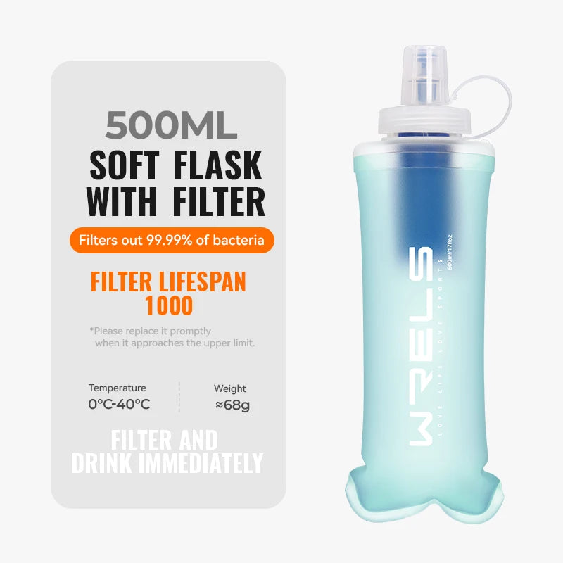 WRELS Water Filter Bottle Collapsible Soft Water Bottle With Filter Squeeze Dual Filtered Water Bottle Outdoor