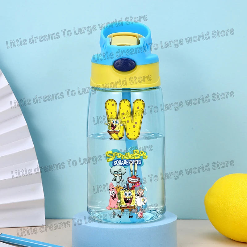 SpongeBobs Water Bottle Children Drinking Bottles with Straw Cartoon Letter A-z Portable Drinking Cup Boys Summer Gym Sports Jug