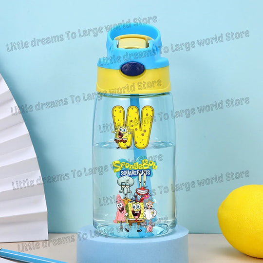SpongeBobs Water Bottle Children Drinking Bottles with Straw Cartoon Letter A-z Portable Drinking Cup Boys Summer Gym Sports Jug