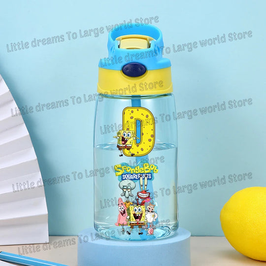SpongeBobs Water Bottle Children Drinking Bottles with Straw Cartoon Letter A-z Portable Drinking Cup Boys Summer Gym Sports Jug