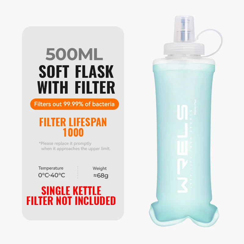 WRELS Water Filter Bottle Collapsible Soft Water Bottle With Filter Squeeze Dual Filtered Water Bottle Outdoor