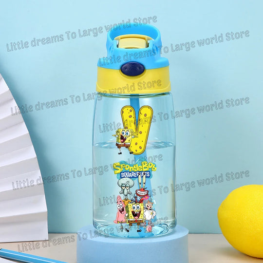 SpongeBobs Water Bottle Children Drinking Bottles with Straw Cartoon Letter A-z Portable Drinking Cup Boys Summer Gym Sports Jug