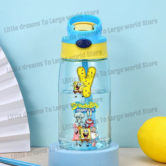 SpongeBobs Water Bottle Children Drinking Bottles with Straw Cartoon Letter A-z Portable Drinking Cup Boys Summer Gym Sports Jug