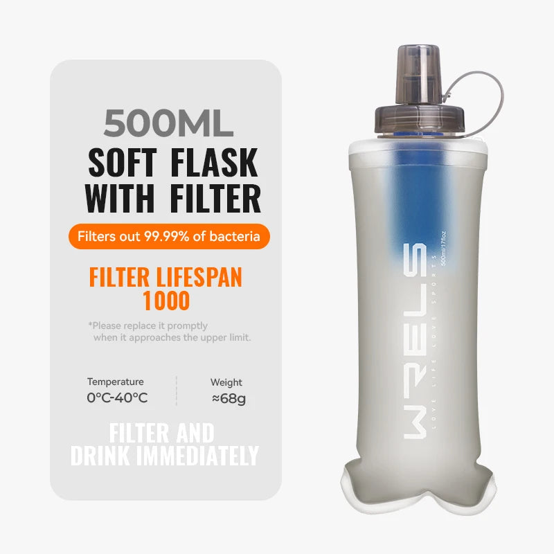 WRELS Water Filter Bottle Collapsible Soft Water Bottle With Filter Squeeze Dual Filtered Water Bottle Outdoor