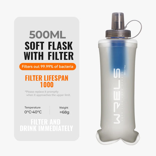 WRELS Water Filter Bottle Collapsible Soft Water Bottle With Filter Squeeze Dual Filtered Water Bottle Outdoor