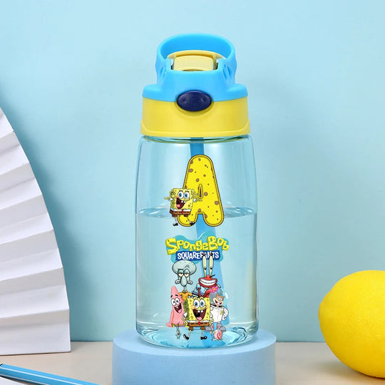 SpongeBobs Water Bottle Children Drinking Bottles with Straw Cartoon Letter A-z Portable Drinking Cup Boys Summer Gym Sports Jug