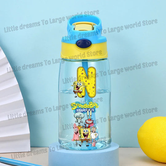 SpongeBobs Water Bottle Children Drinking Bottles with Straw Cartoon Letter A-z Portable Drinking Cup Boys Summer Gym Sports Jug