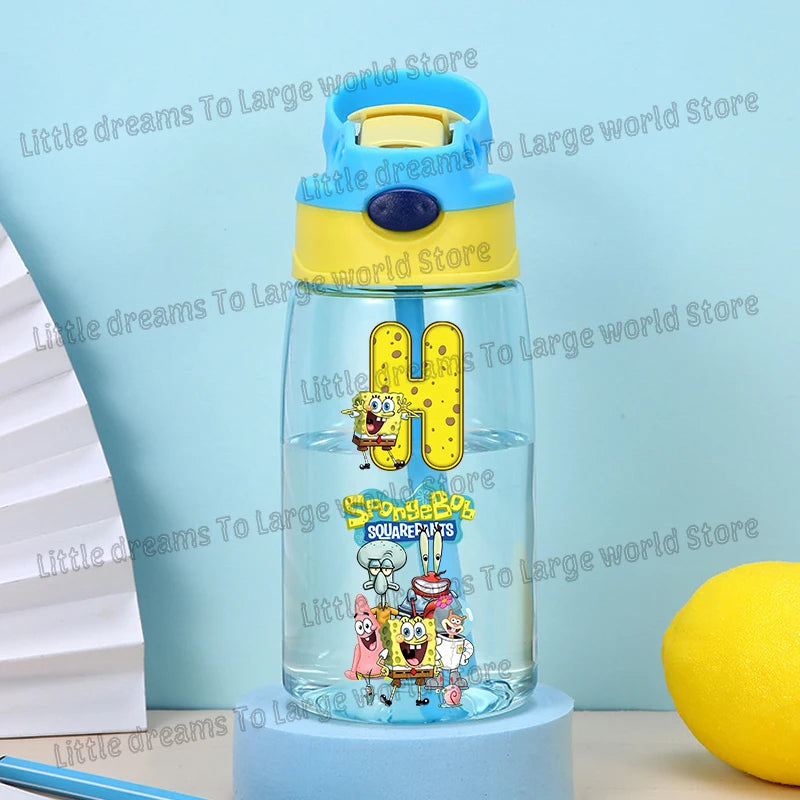 SpongeBobs Water Bottle Children Drinking Bottles with Straw Cartoon Letter A-z Portable Drinking Cup Boys Summer Gym Sports Jug