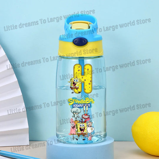 SpongeBobs Water Bottle Children Drinking Bottles with Straw Cartoon Letter A-z Portable Drinking Cup Boys Summer Gym Sports Jug