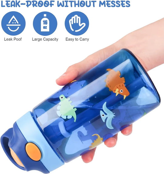 Kids Water Bottle with Straw &amp; Handle - 16 oz BPA Free Kids Water Bottles, Spill Proof, Easy-Clean, Dishwasher Safe - Cute Dino