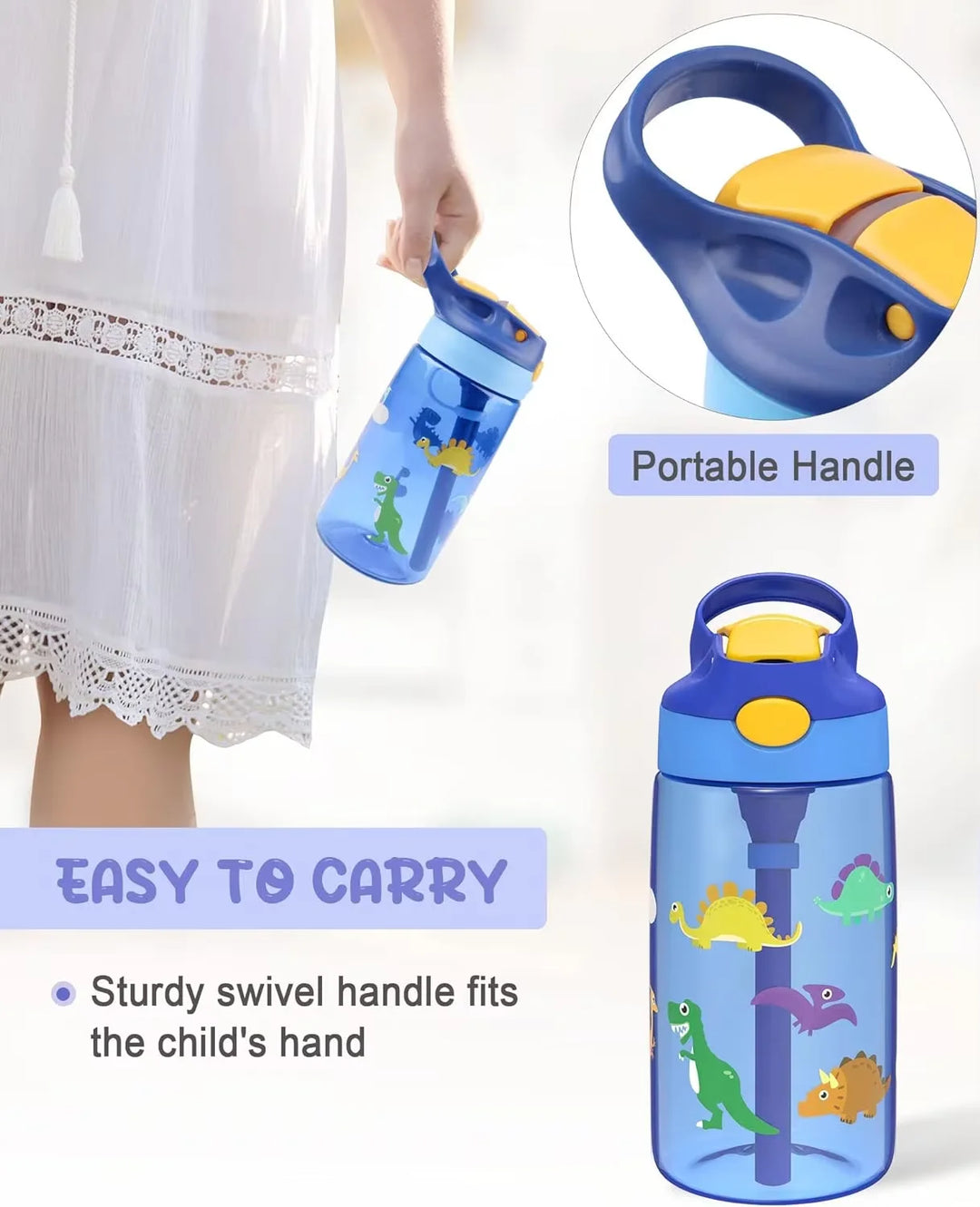 Kids Water Bottle with Straw &amp; Handle - 16 oz BPA Free Kids Water Bottles, Spill Proof, Easy-Clean, Dishwasher Safe - Cute Dino
