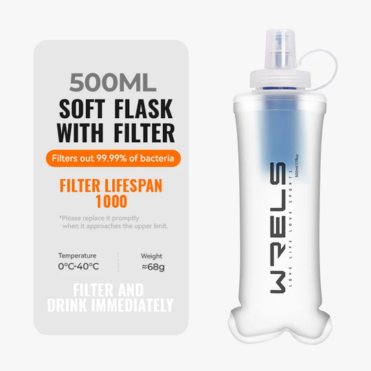 WRELS Water Filter Bottle Collapsible Soft Water Bottle With Filter Squeeze Dual Filtered Water Bottle Outdoor