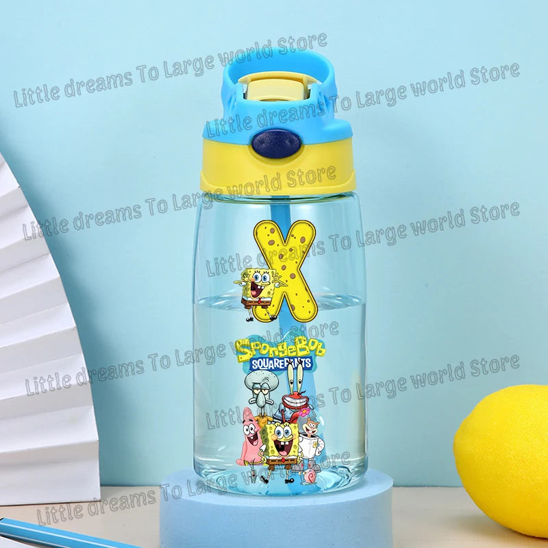 SpongeBobs Water Bottle Children Drinking Bottles with Straw Cartoon Letter A-z Portable Drinking Cup Boys Summer Gym Sports Jug