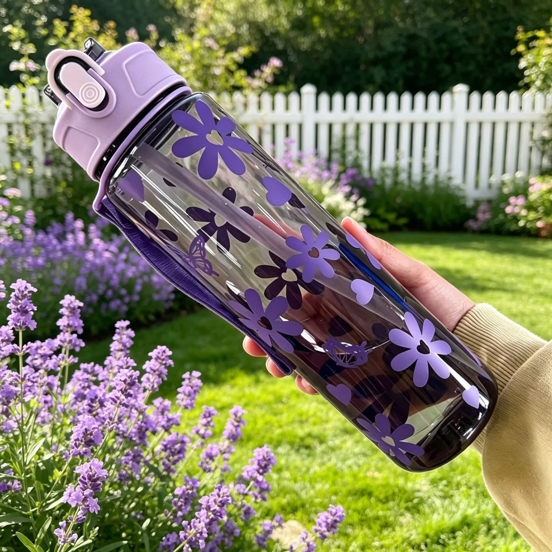 Water Bottle with Full Print of Flowers and Bowknot Patterns, Trendy &amp; Stylish, Lightweight with Portable Lanyard, Durable