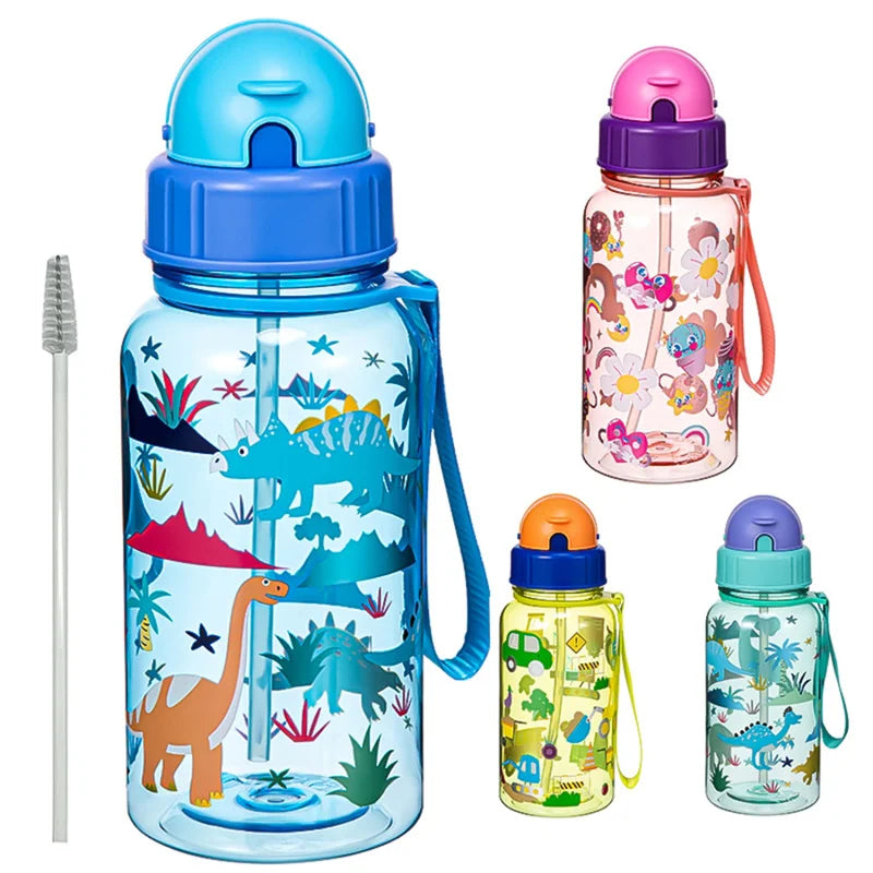 Kids Straw Water Bottle With Sliding Lids and Straw Brush 500ml BPA Free Children&