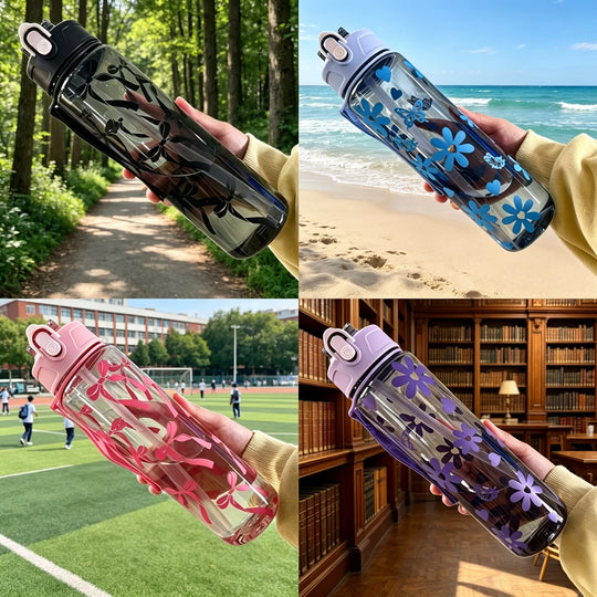 Water Bottle with Full Print of Flowers and Bowknot Patterns, Trendy &amp; Stylish, Lightweight with Portable Lanyard, Durable