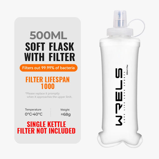 WRELS Water Filter Bottle Collapsible Soft Water Bottle With Filter Squeeze Dual Filtered Water Bottle Outdoor