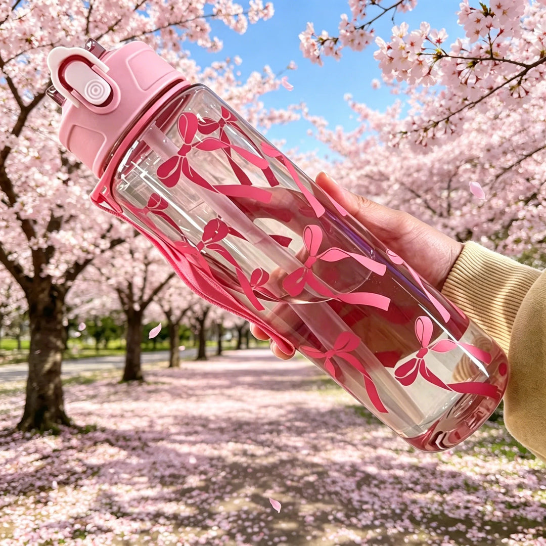 Water Bottle with Full Print of Flowers and Bowknot Patterns, Trendy &amp; Stylish, Lightweight with Portable Lanyard, Durable