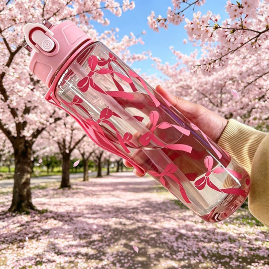Water Bottle with Full Print of Flowers and Bowknot Patterns, Trendy &amp; Stylish, Lightweight with Portable Lanyard, Durable