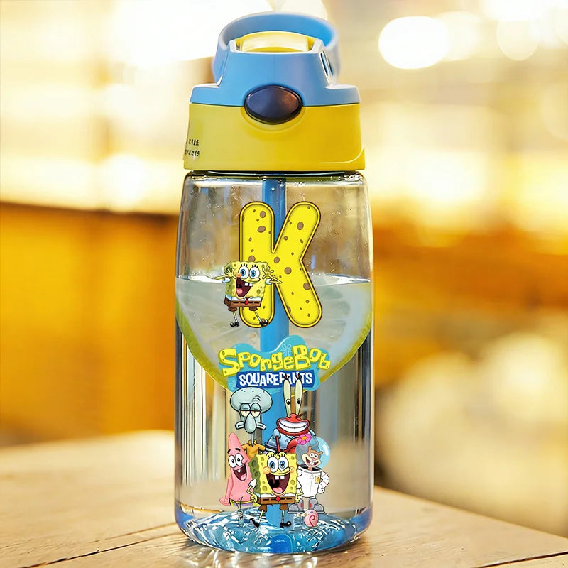 SpongeBobs Water Bottle Children Drinking Bottles with Straw Cartoon Letter A-z Portable Drinking Cup Boys Summer Gym Sports Jug