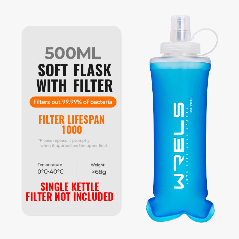 WRELS Water Filter Bottle Collapsible Soft Water Bottle With Filter Squeeze Dual Filtered Water Bottle Outdoor
