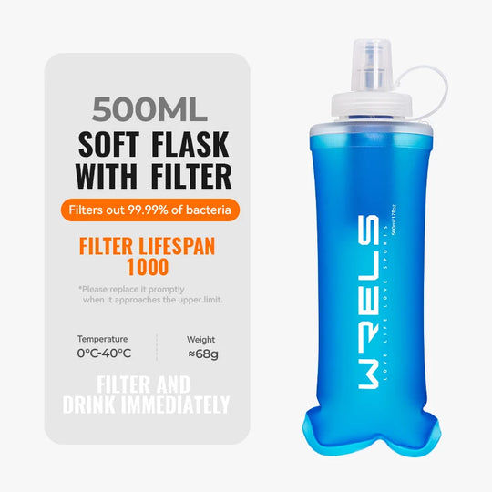 WRELS Water Filter Bottle Collapsible Soft Water Bottle With Filter Squeeze Dual Filtered Water Bottle Outdoor