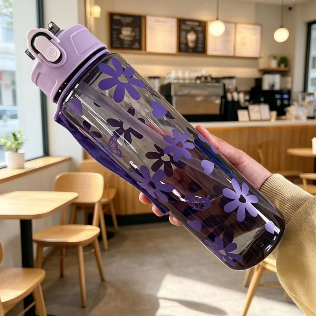 Water Bottle with Full Print of Flowers and Bowknot Patterns, Trendy &amp; Stylish, Lightweight with Portable Lanyard, Durable