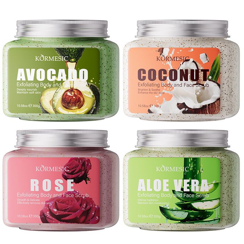 Gommage Corps & Visage KORMESIC 300g — Avocat, Noix de Coco, Rose, Aloe Vera