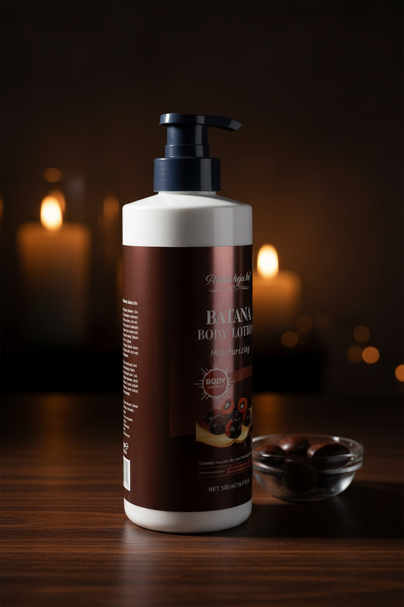 Batana Body Lotion – Side Angle, Dark Luxury Background