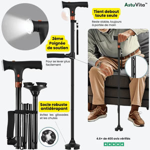 Canne de marche pliante télescopique LED avec alarme — Cadeau idéal pour seniors
