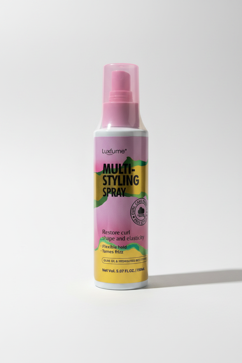 Luxfume Multi-Styling Spray – Front View, Minimal Luxury Background
