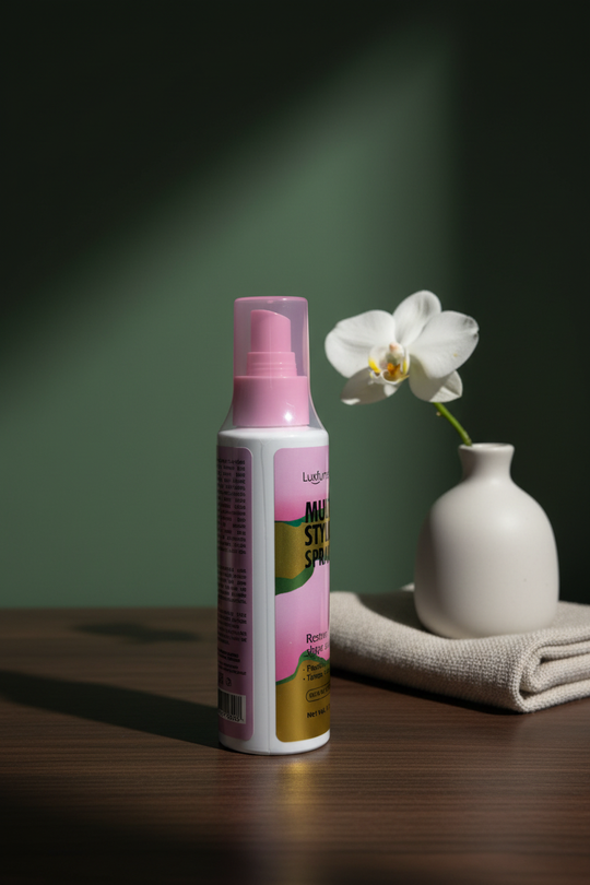 Luxfume Multi-Styling Spray – Side Rear Angle, Elegant Dark Background