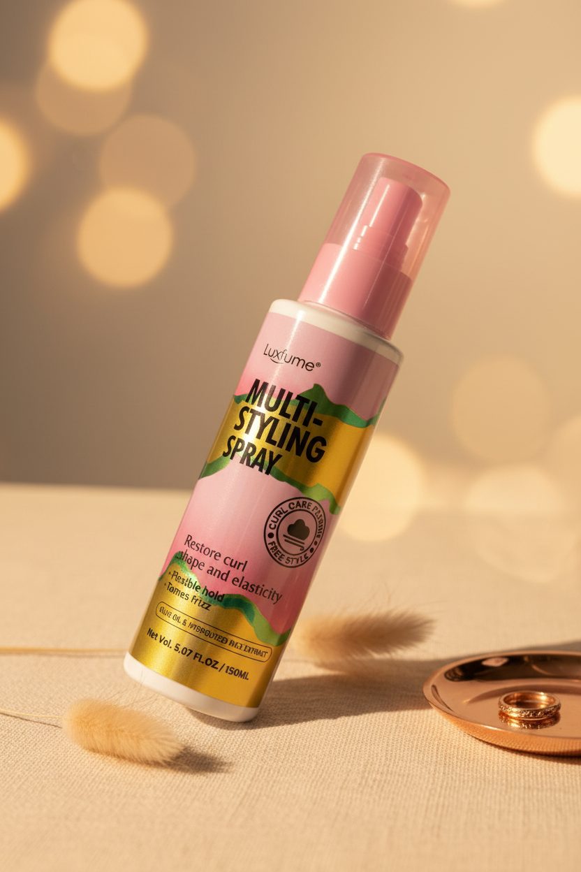 Luxfume Multi-Styling Spray – Three-Quarter Angle, Lifestyle Background