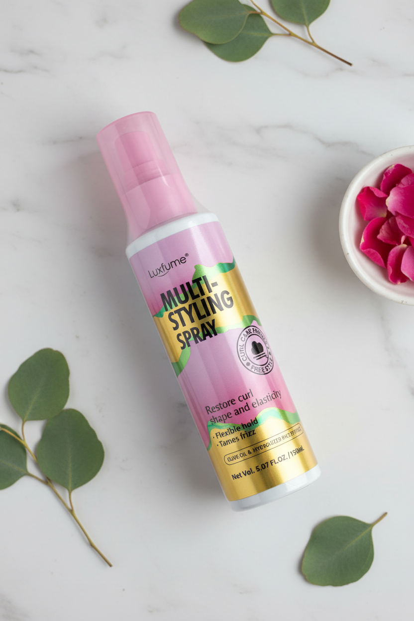 Luxfume Multi-Styling Spray – Top-Down Angle, Spa Background