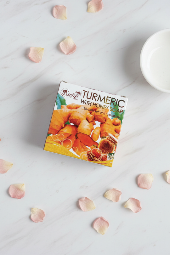 Turmeric Honey Soap – Top-Down Angle, Spa Background